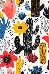 多彩手绘仙人掌花卉图案