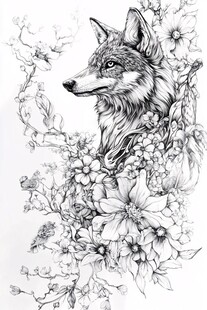 狼与繁花的精致黑白绘