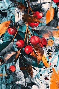 抽象风红果枝叶艺术画作