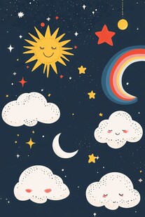 梦幻夜空卡通日月云星图