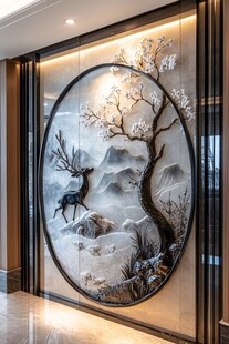 中式圆形山水鹿纹装饰画