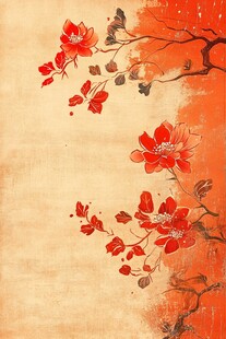 中式写意红花朵枝图景