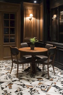 复古风格餐厅圆桌绿植一角