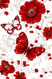 红蝶繁花浪漫花卉图案