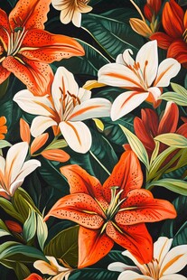 多彩百合花与绿叶图案