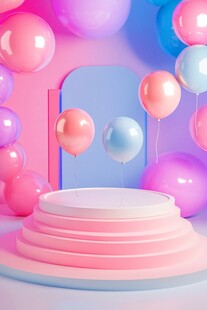 梦幻气球环绕的多彩展示台