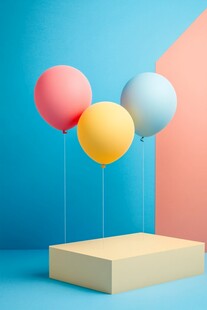 彩色气球立于浅色平台