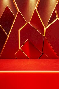 红色几何拼接墙面展示台