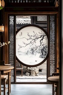 中式雅室透过圆窗赏景