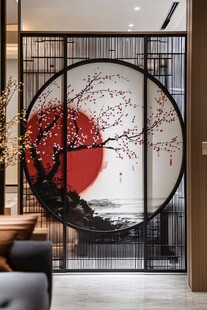 中式屏风 诗意红梅映红日