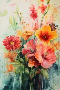 水彩绘绚烂多彩花卉
