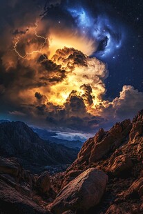 夜空下的山峦与绚烂雷暴