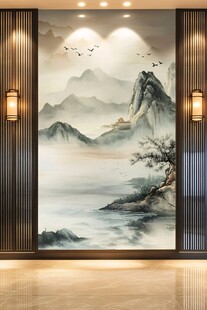 中式山水玄关壁画意境美