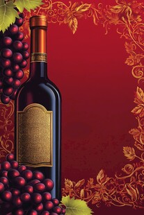 红底金饰旁的精美葡萄酒瓶