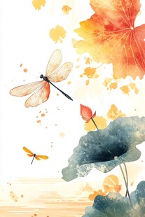 秋日荷塘蜻蜓飞舞水彩画