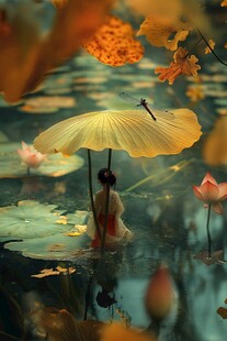 撑伞少女于荷塘诗意画面