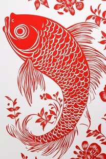 红色剪纸锦鲤与花卉图案