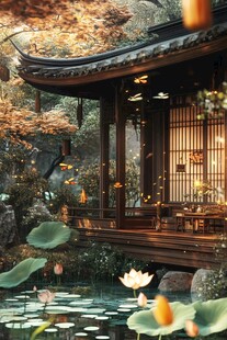 古风亭阁畔的荷塘幽景