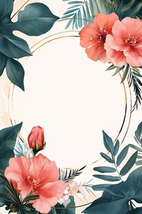 粉色花卉绿叶边框背景图