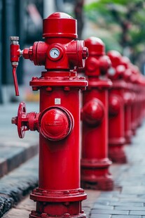 街道上的红色消防栓阵列