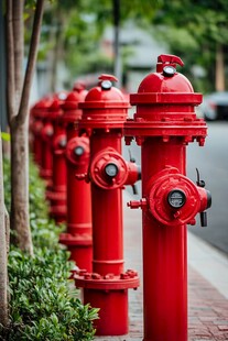 街边成排的红色消防栓