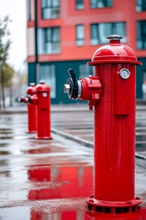 街边红色消防栓排列景象