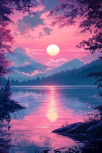 湖畔粉紫日落梦幻美景