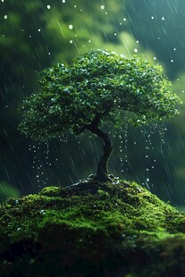 雨中孤树 绿意盎然的生机