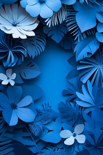 蓝色纸艺花卉植物背景图