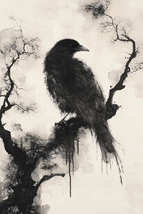 水墨孤鸦栖于枯树枝头