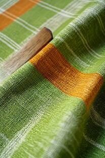 绿橙格纹布料与木片细节