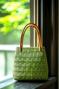 窗边的绿色编织手提包