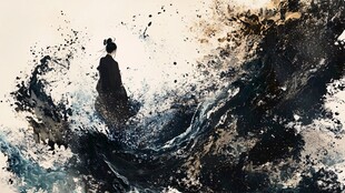 水墨海浪中独立的身影