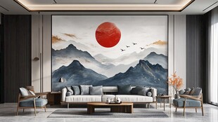 中式客厅 红日山水壁画背景