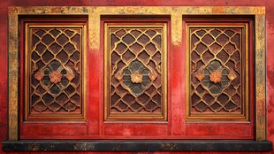 古典红底雕花中式窗棂