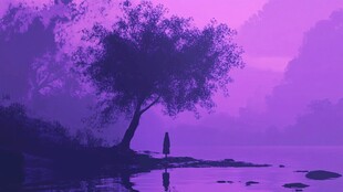 紫色湖畔独行者的静谧时刻