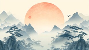 落日映山川 飞鸟伴青松