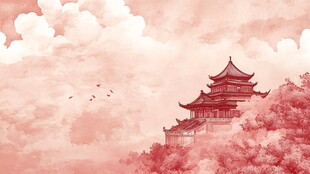 古风楼阁映于粉霞云海间