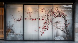 中式屏风上的红梅景致