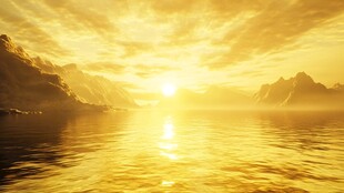 金色晨曦下的山水湖景