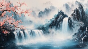 水墨山水间的飞瀑繁花