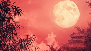 月下古景映红天