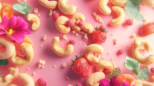 粉色背景的美味零食与鲜果