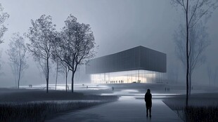 雾中建筑前的孤独身影