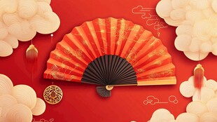 中式折扇点缀喜庆红背景