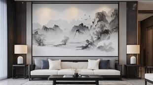 中式客厅水墨山水壁画装饰