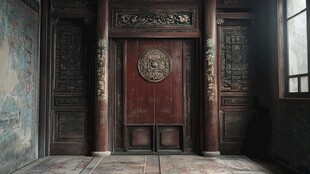 中式古宅内的雕花木门