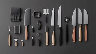 多样厨房刀具及烹饪工具展示