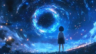 女孩凝望梦幻宇宙星空