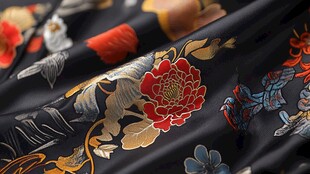 黑色锦缎上的花鸟刺绣图案